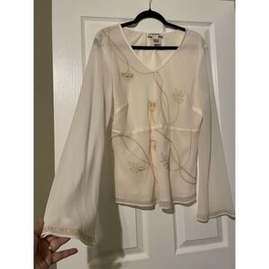 Judith Hart Blouse Womens 16 White Embroidered Sheer Bell Sleeve Floral Top